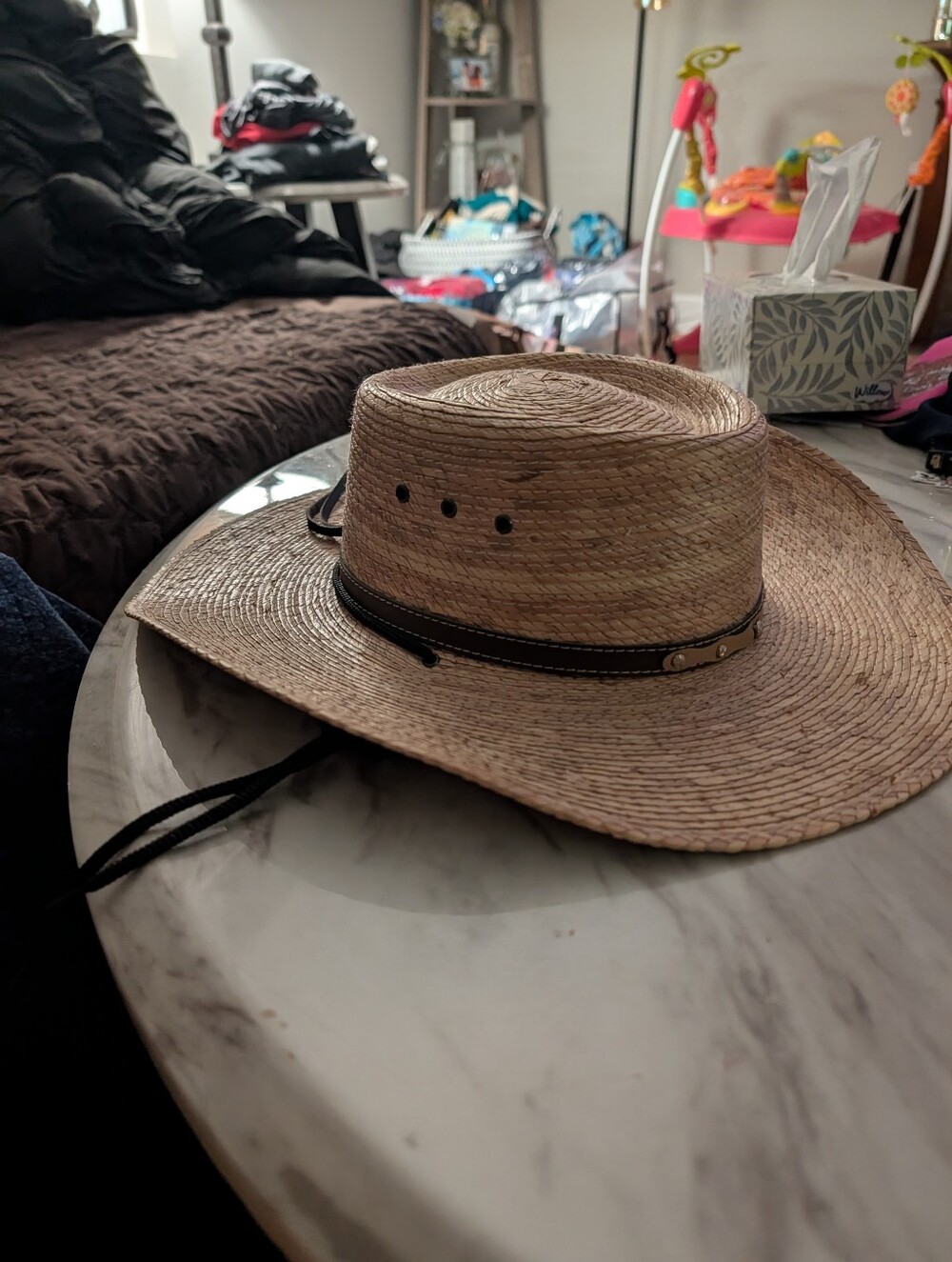 Handmade Mexico Natural Straw Cowboy Hat Wide Brim Western Leather Band Chin Cor